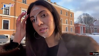 Gorgeous Woman Strolls In Public With Semen On Her Face After Receiving A Kind Gift From An Unknown Person - Cumwalk
